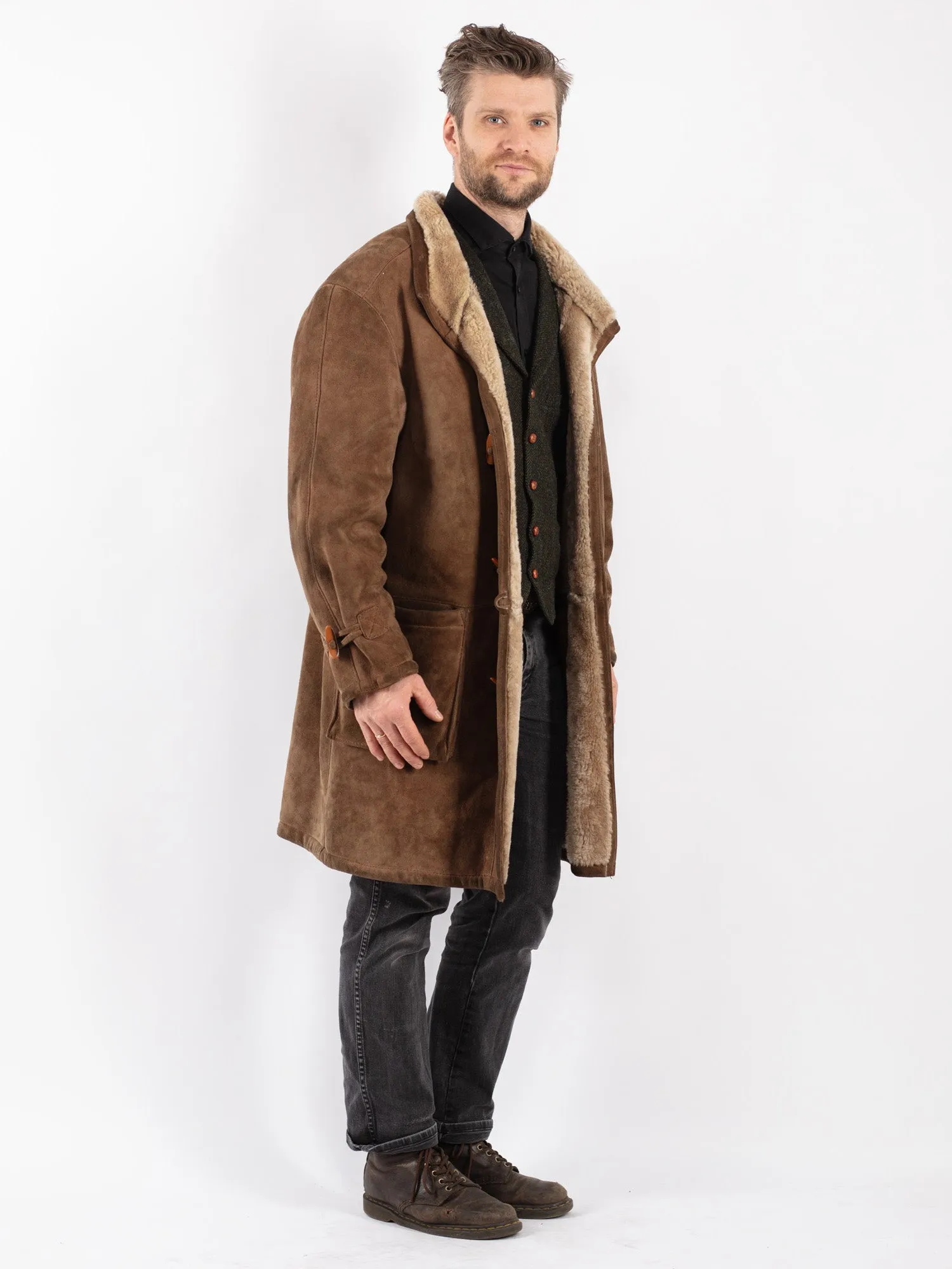 Vintage 80's Men Sheepskin Coat in Beige