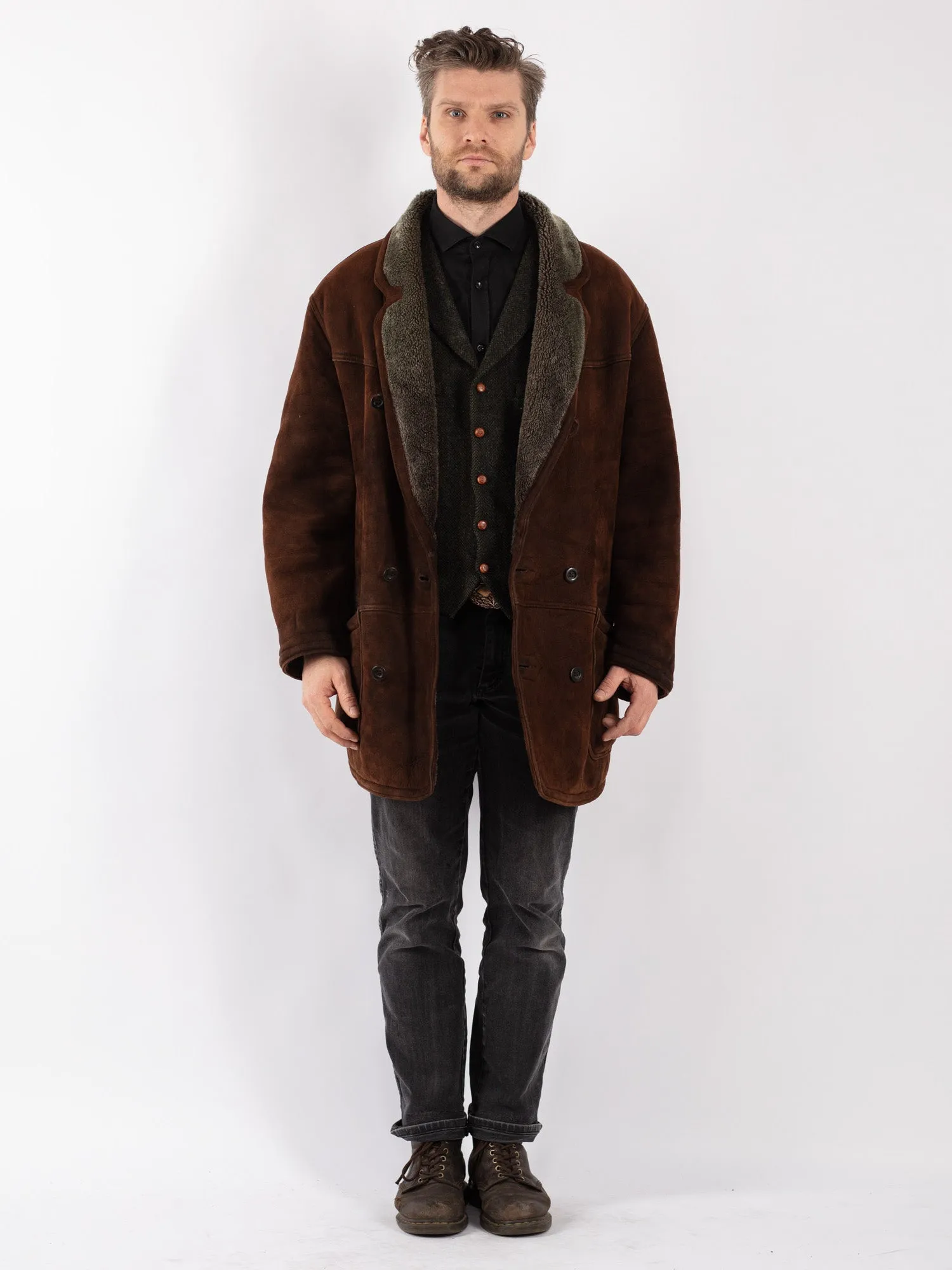 Vintage 80's Men Sheepskin Coat in Brown