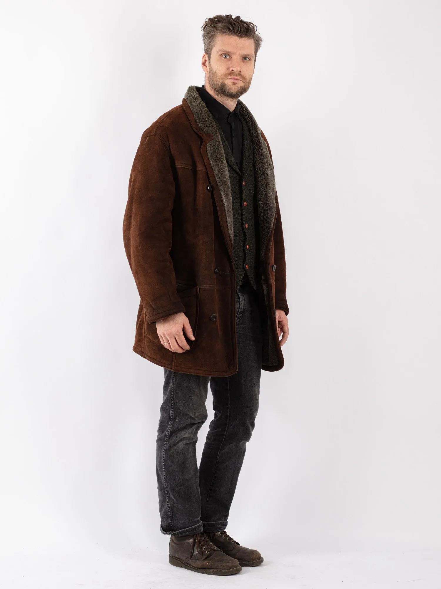 Vintage 80's Men Sheepskin Coat in Brown