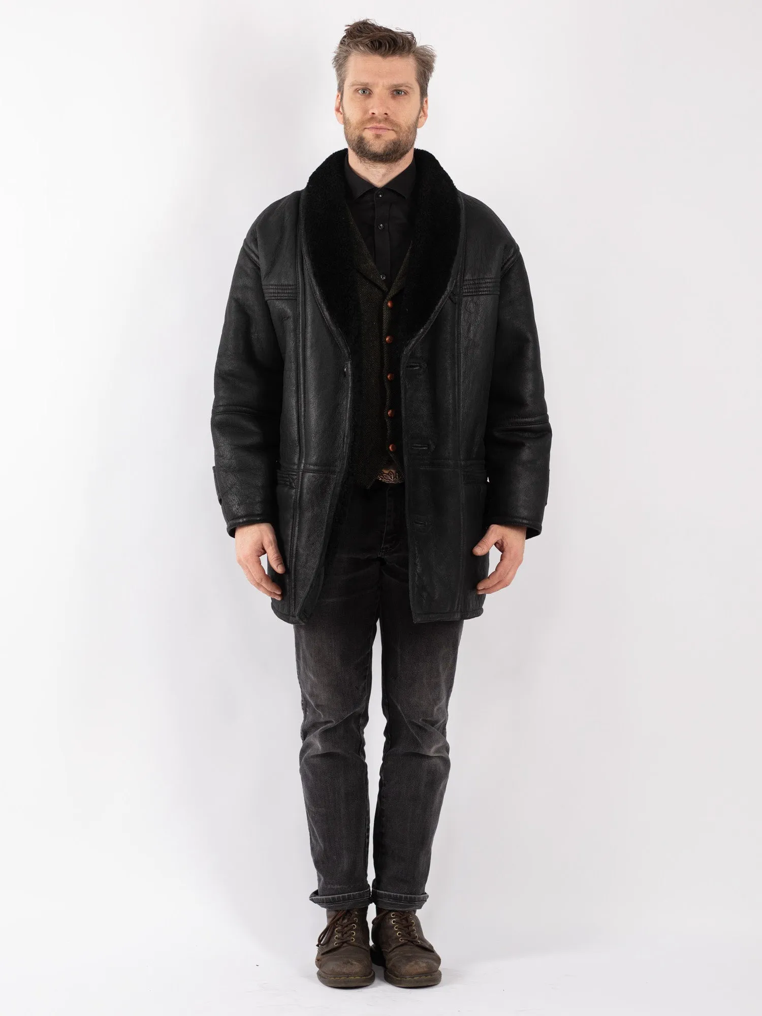 Vintage 80's Men Sheepskin Shearling Coat in Black