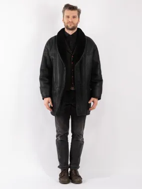 Vintage 80's Men Sheepskin Shearling Coat in Black