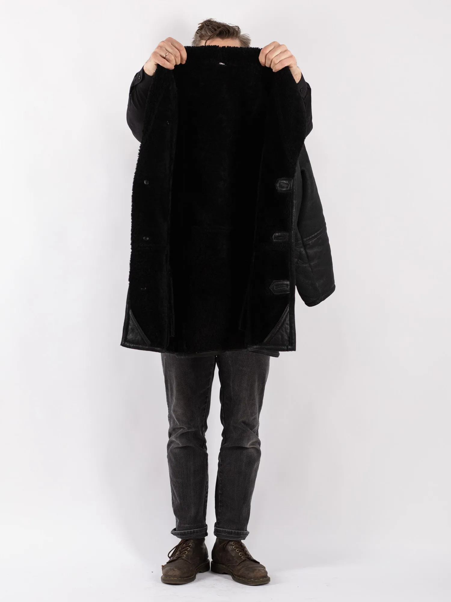 Vintage 80's Men Sheepskin Shearling Coat in Black