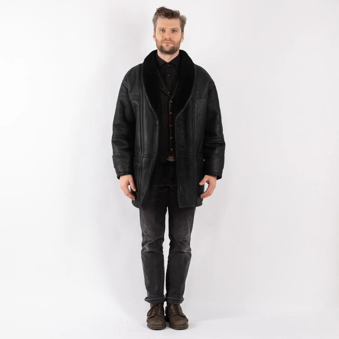 Vintage 80's Men Sheepskin Shearling Coat in Black