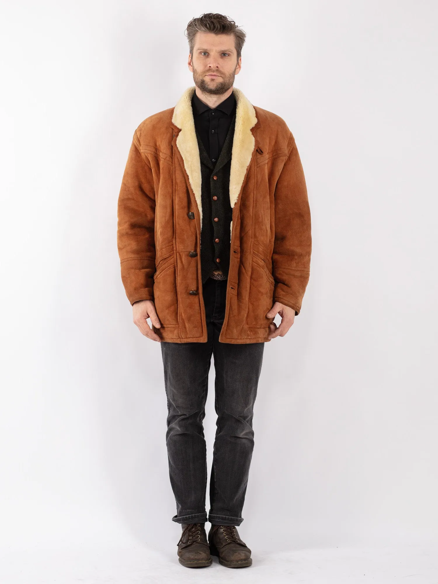 Vintage 80's Men Sheepskin Shearling Coat in Brown