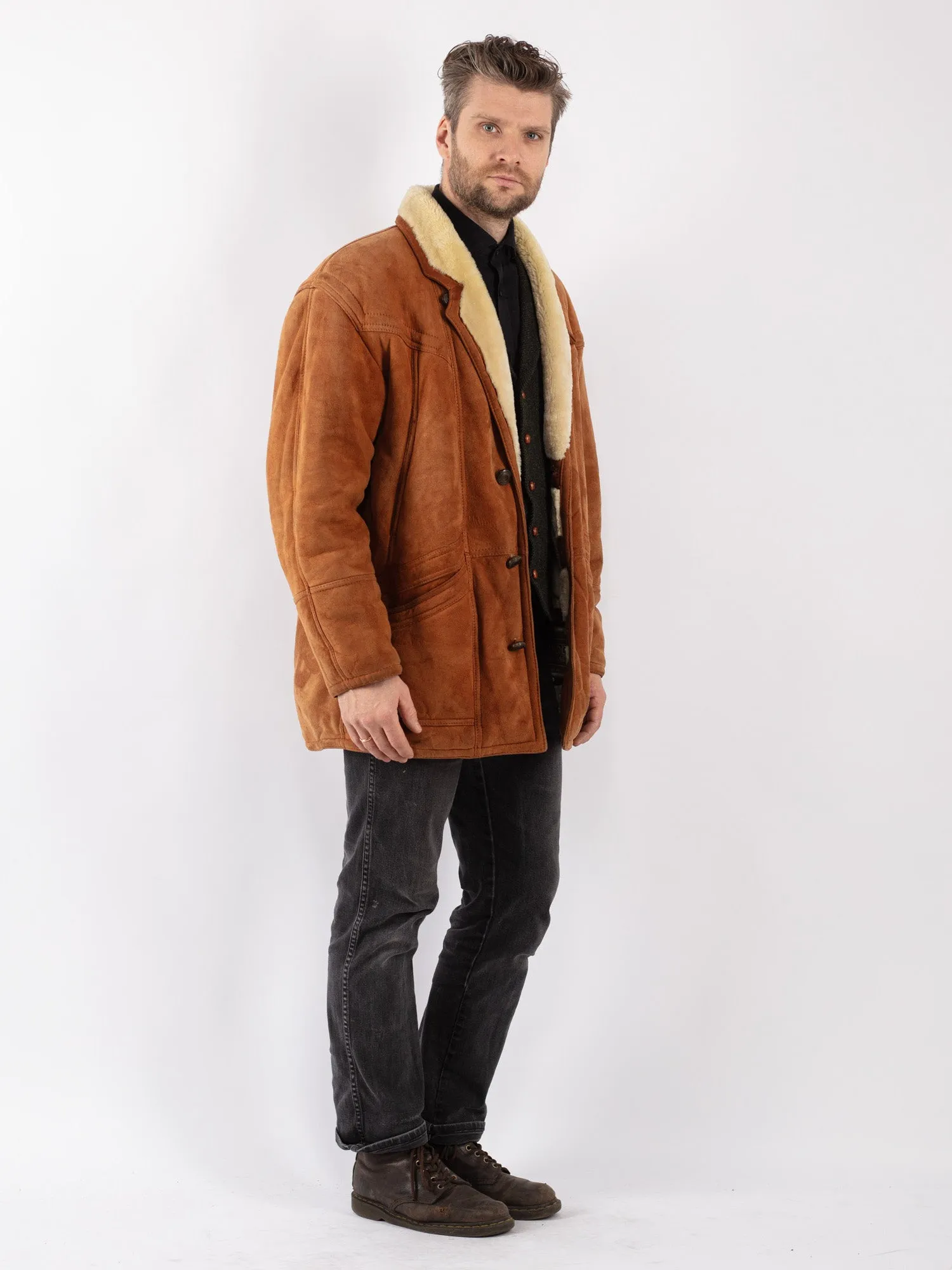 Vintage 80's Men Sheepskin Shearling Coat in Brown