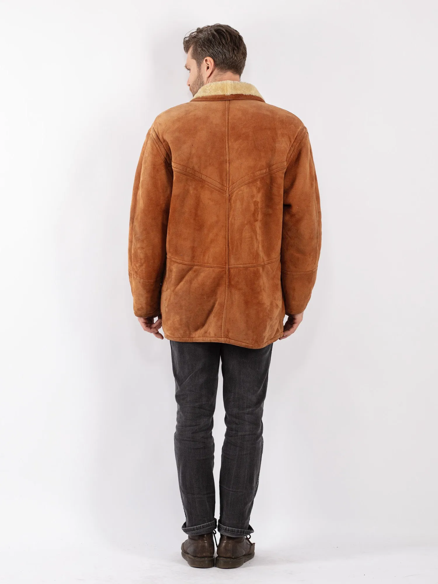 Vintage 80's Men Sheepskin Shearling Coat in Brown