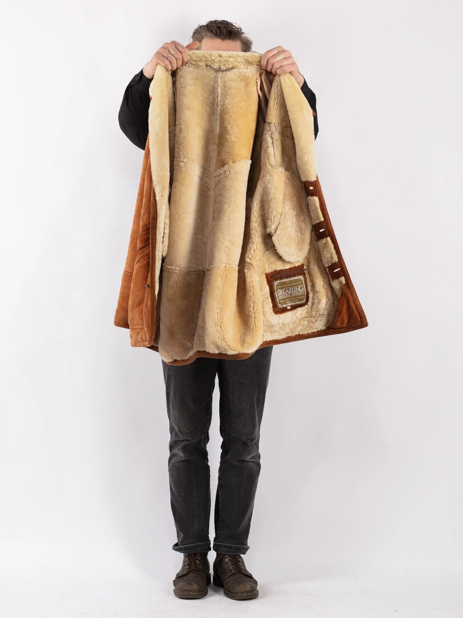 Vintage 80's Men Sheepskin Shearling Coat in Brown