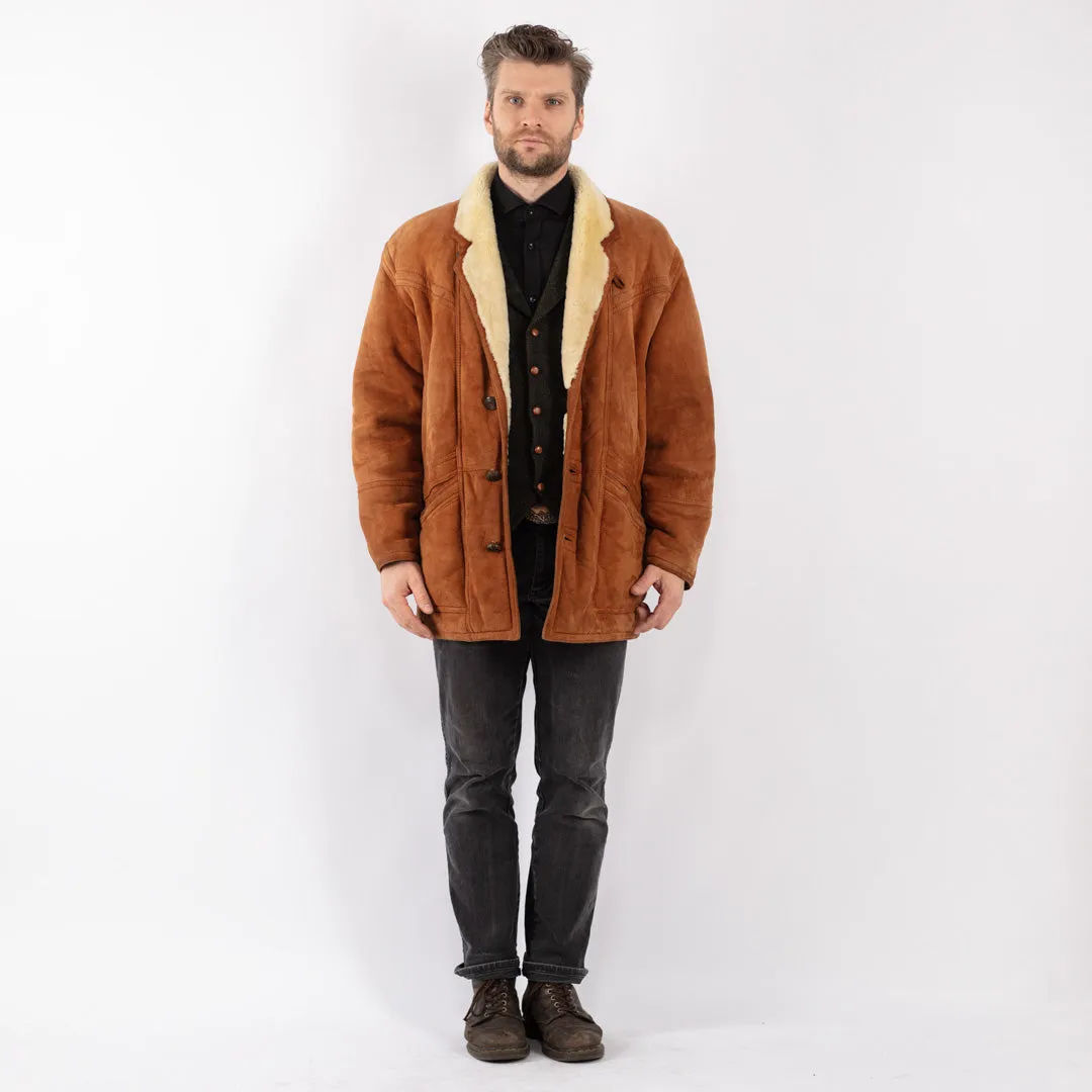 Vintage 80's Men Sheepskin Shearling Coat in Brown