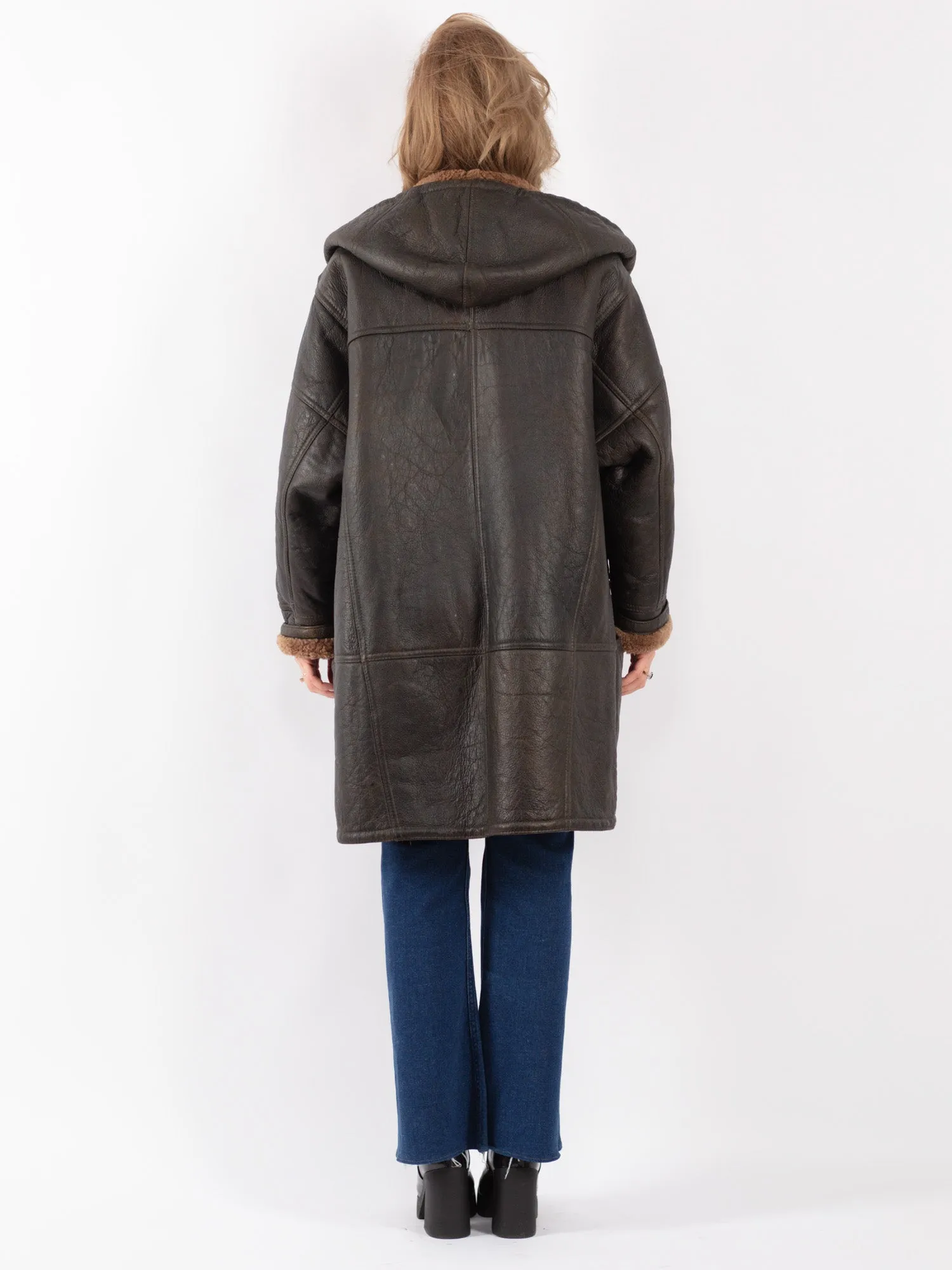 Vintage 80's Women Hooded Sheepskin Coat in Brown