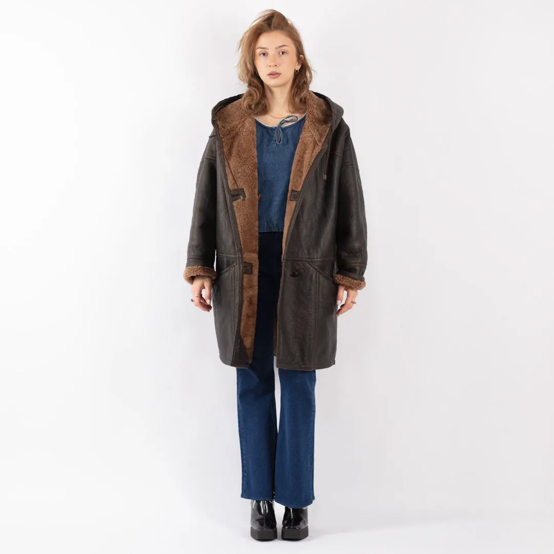 Vintage 80's Women Hooded Sheepskin Coat in Brown