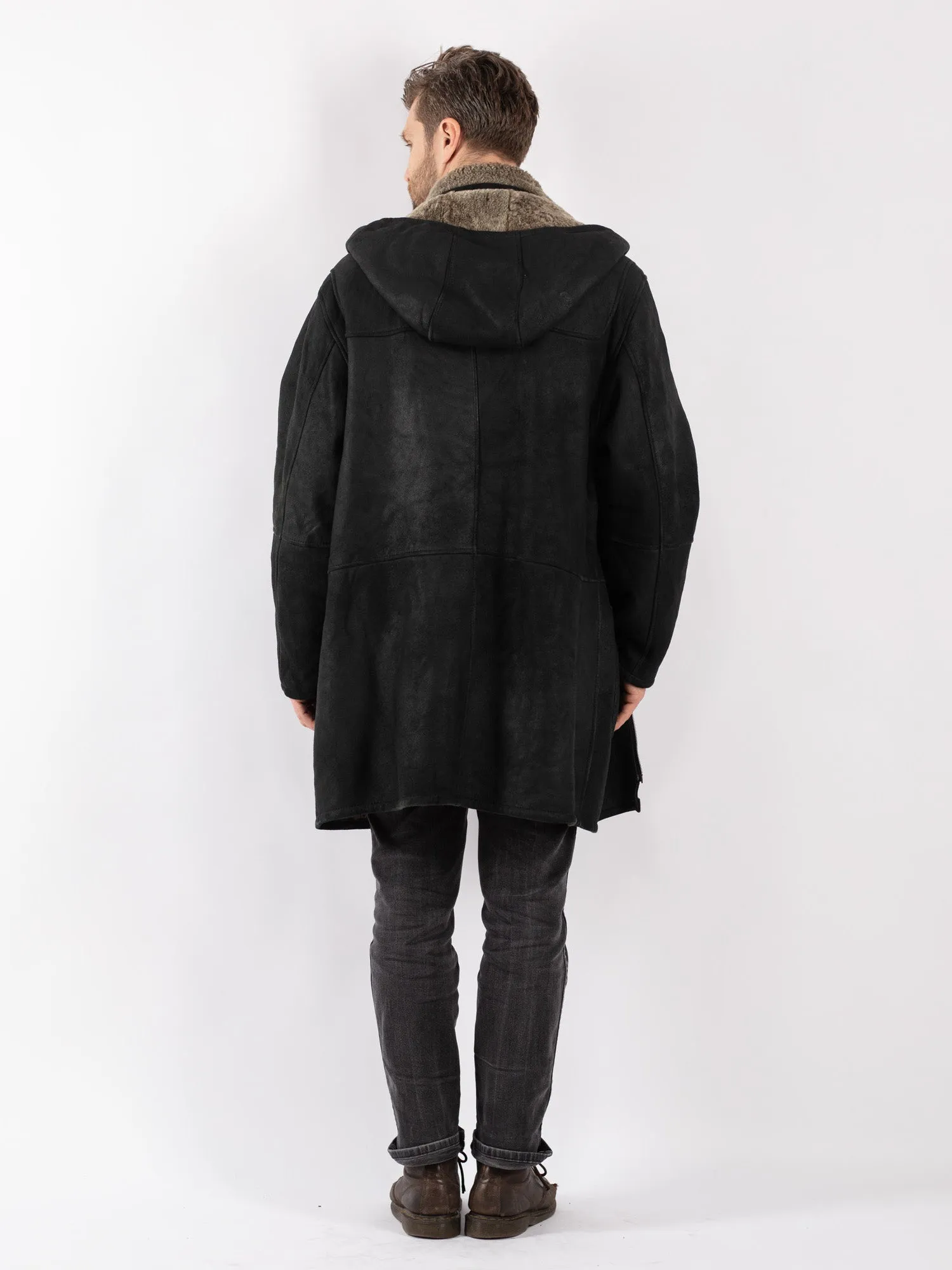 Vintage 90's Men Hooded Sheepskin Coat in Black