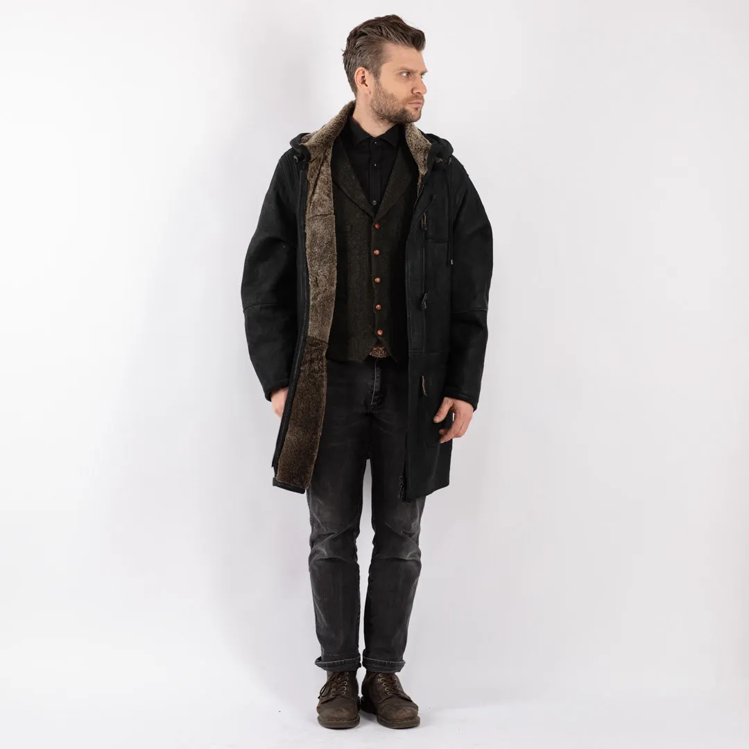 Vintage 90's Men Hooded Sheepskin Coat in Black