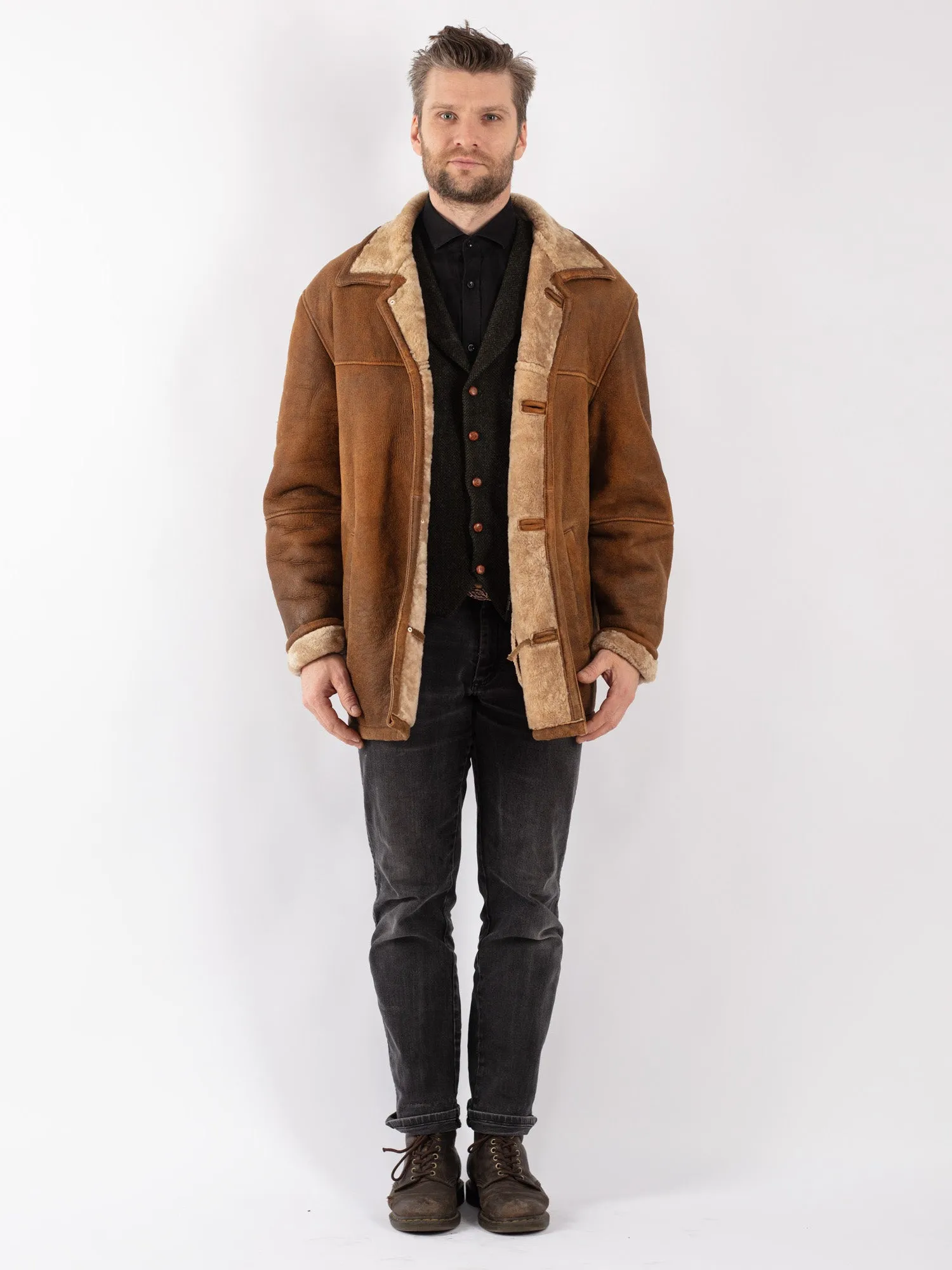 Vintage 90's Men Sheepskin Shearling Coat in Brown