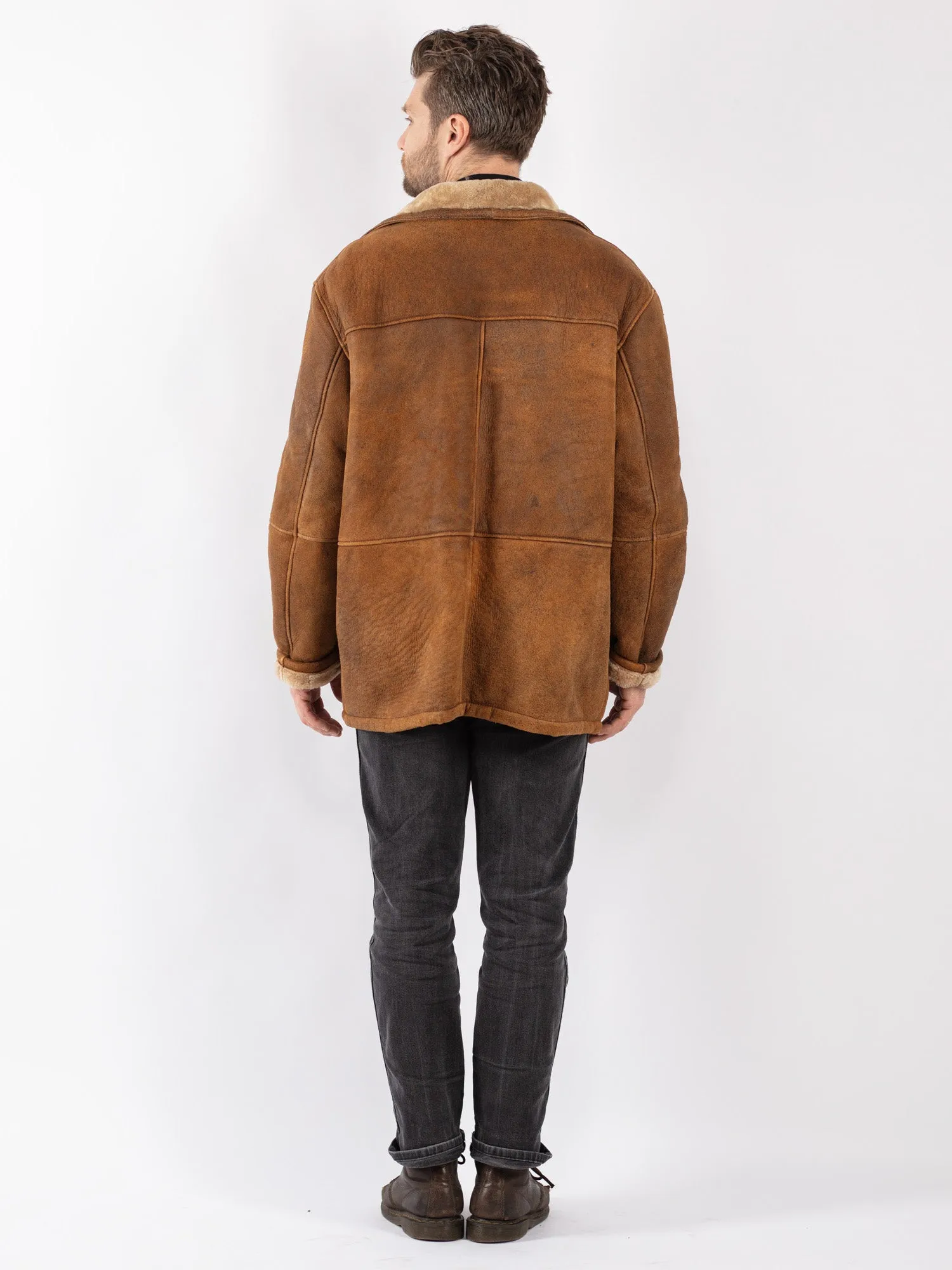 Vintage 90's Men Sheepskin Shearling Coat in Brown