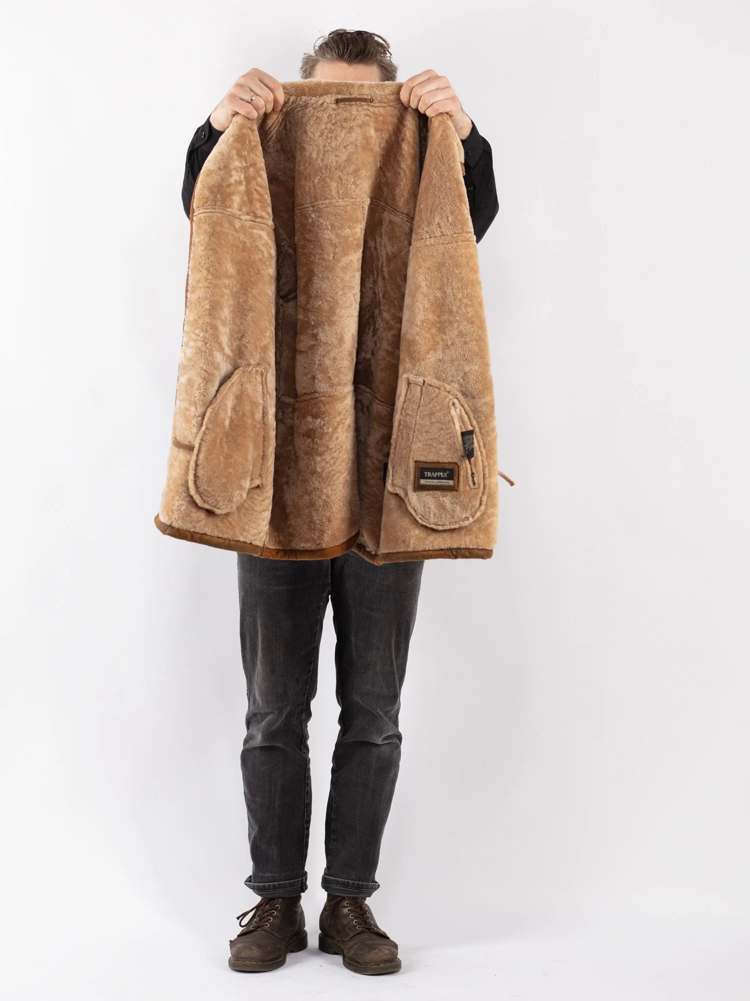 Vintage 90's Men Sheepskin Shearling Coat in Brown