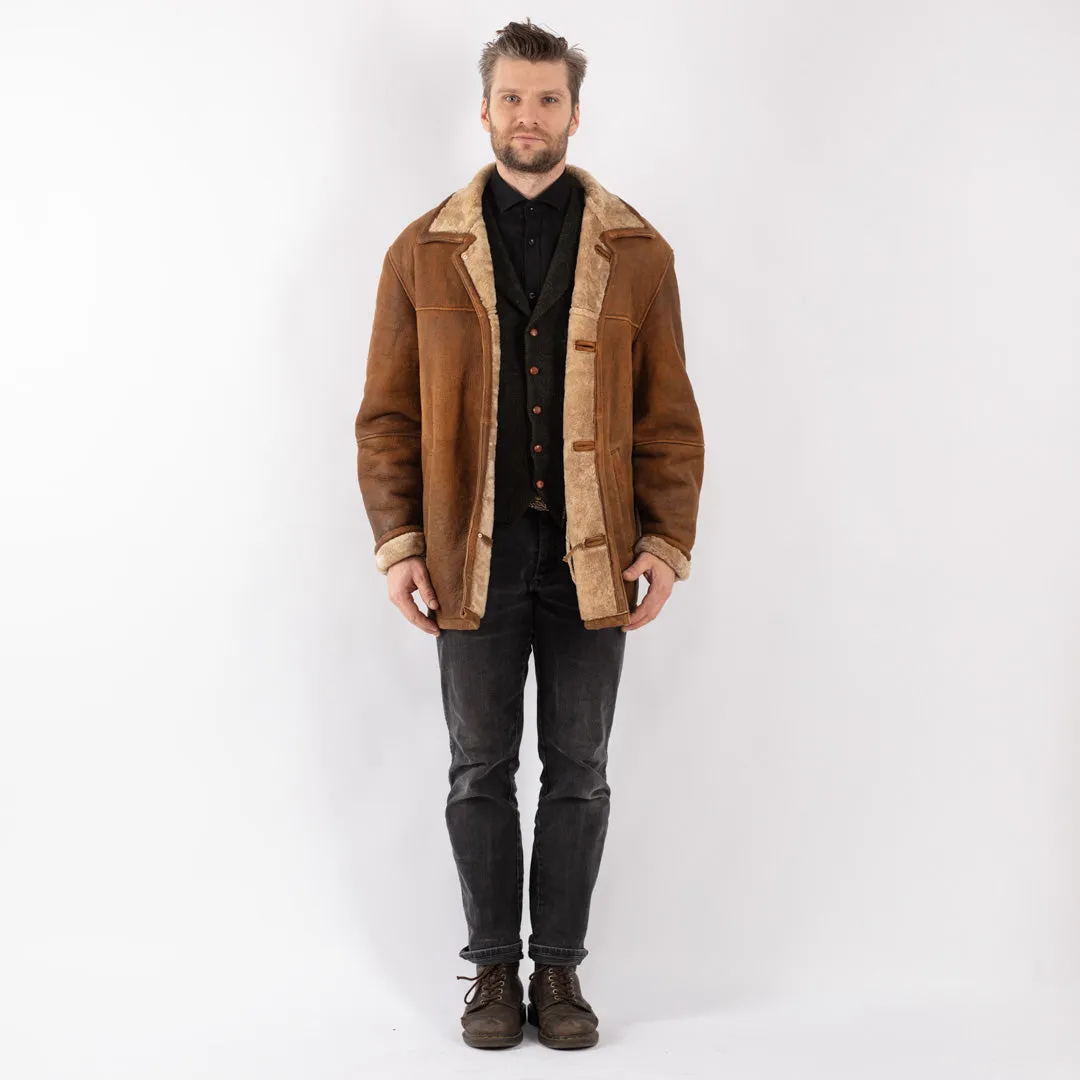 Vintage 90's Men Sheepskin Shearling Coat in Brown