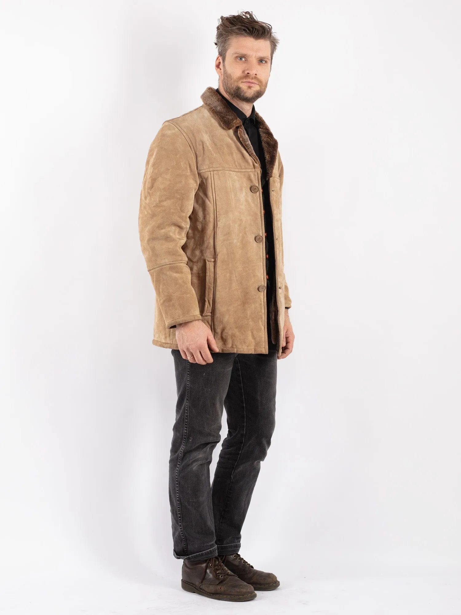 Vintage 90's Men Suede Sherpa Coat in Beige