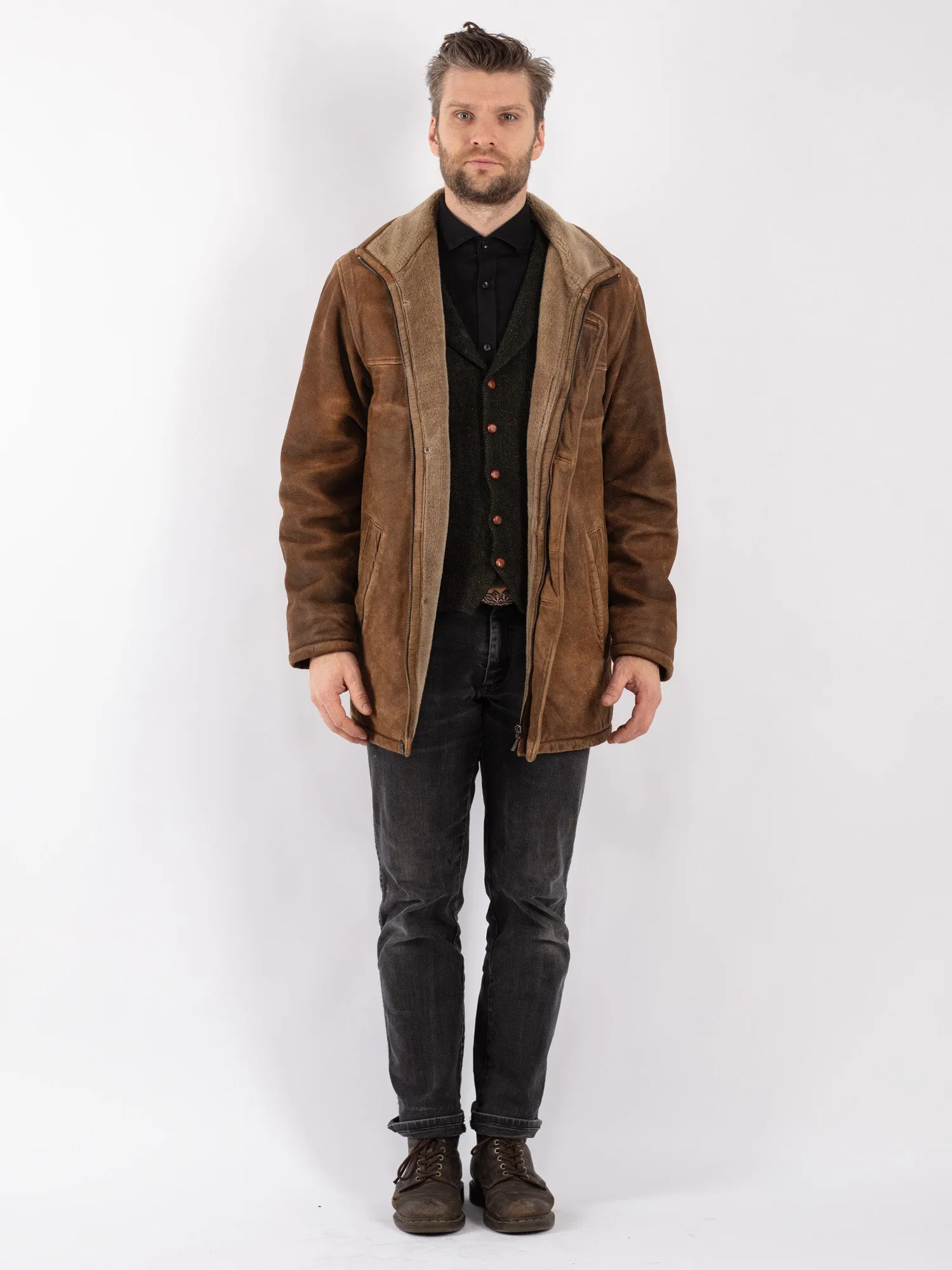 Vintage 90's Men Suede Sherpa Coat in Brown