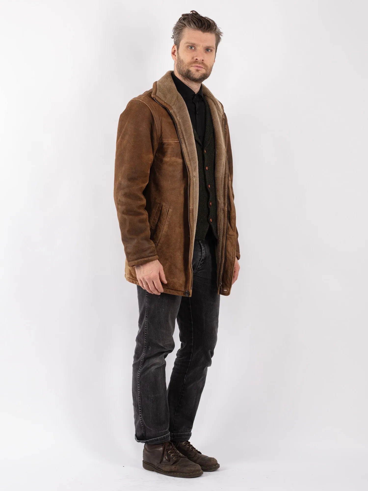 Vintage 90's Men Suede Sherpa Coat in Brown