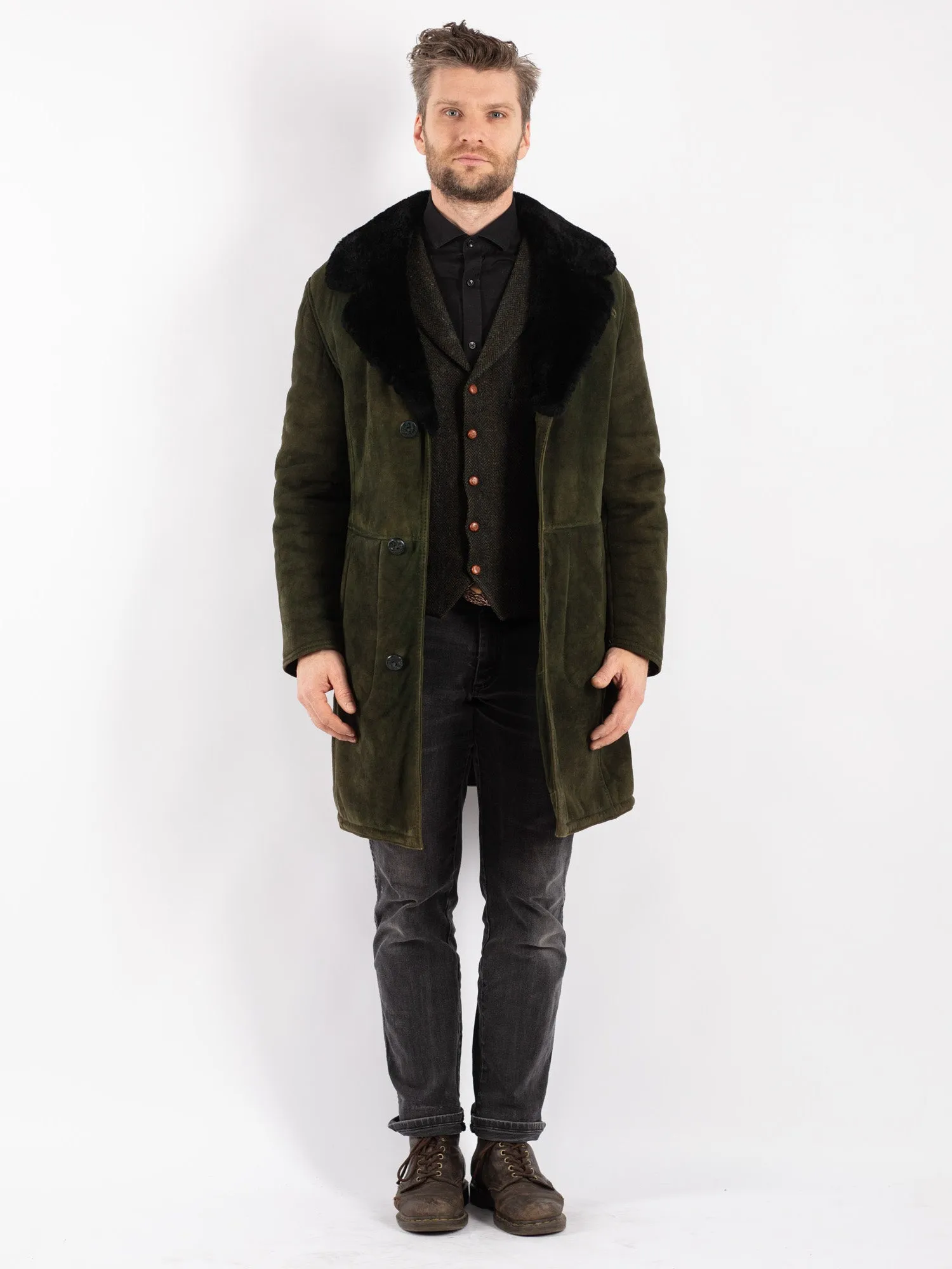 Vintage Men Sheepskin Shearling Coat in Green