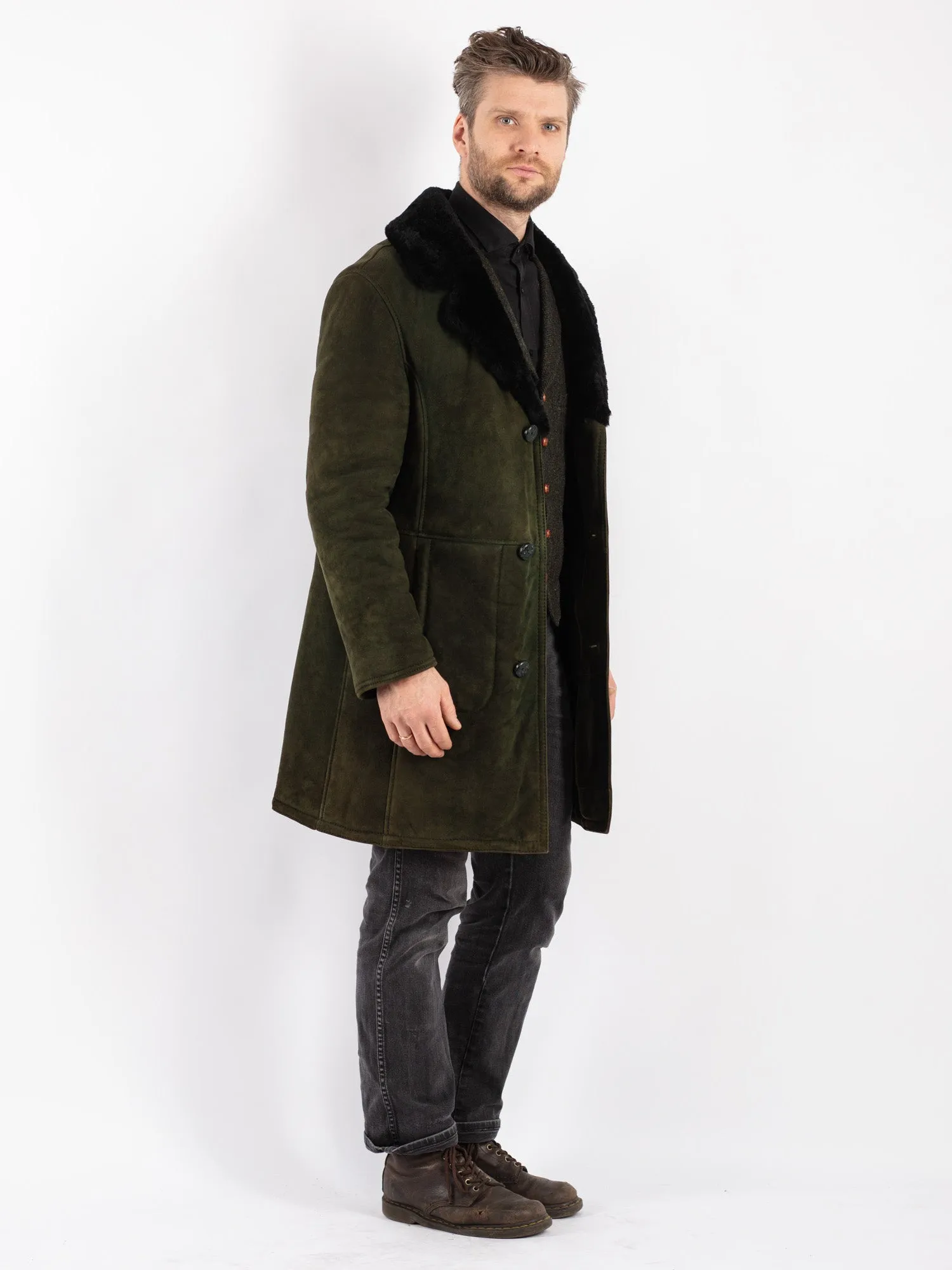 Vintage Men Sheepskin Shearling Coat in Green