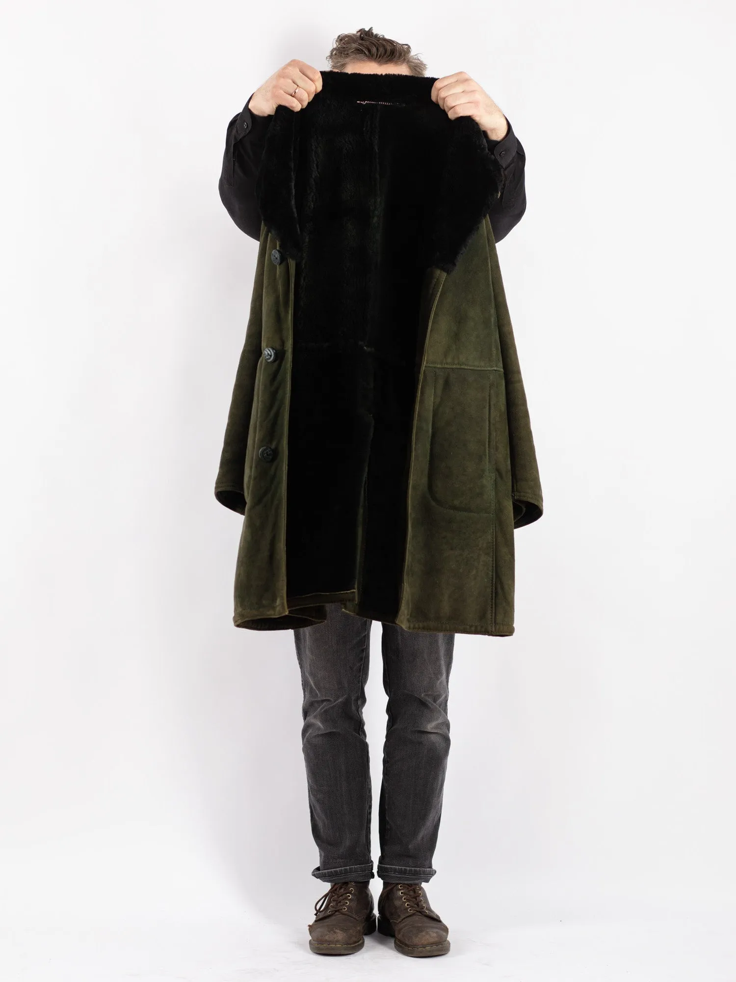 Vintage Men Sheepskin Shearling Coat in Green