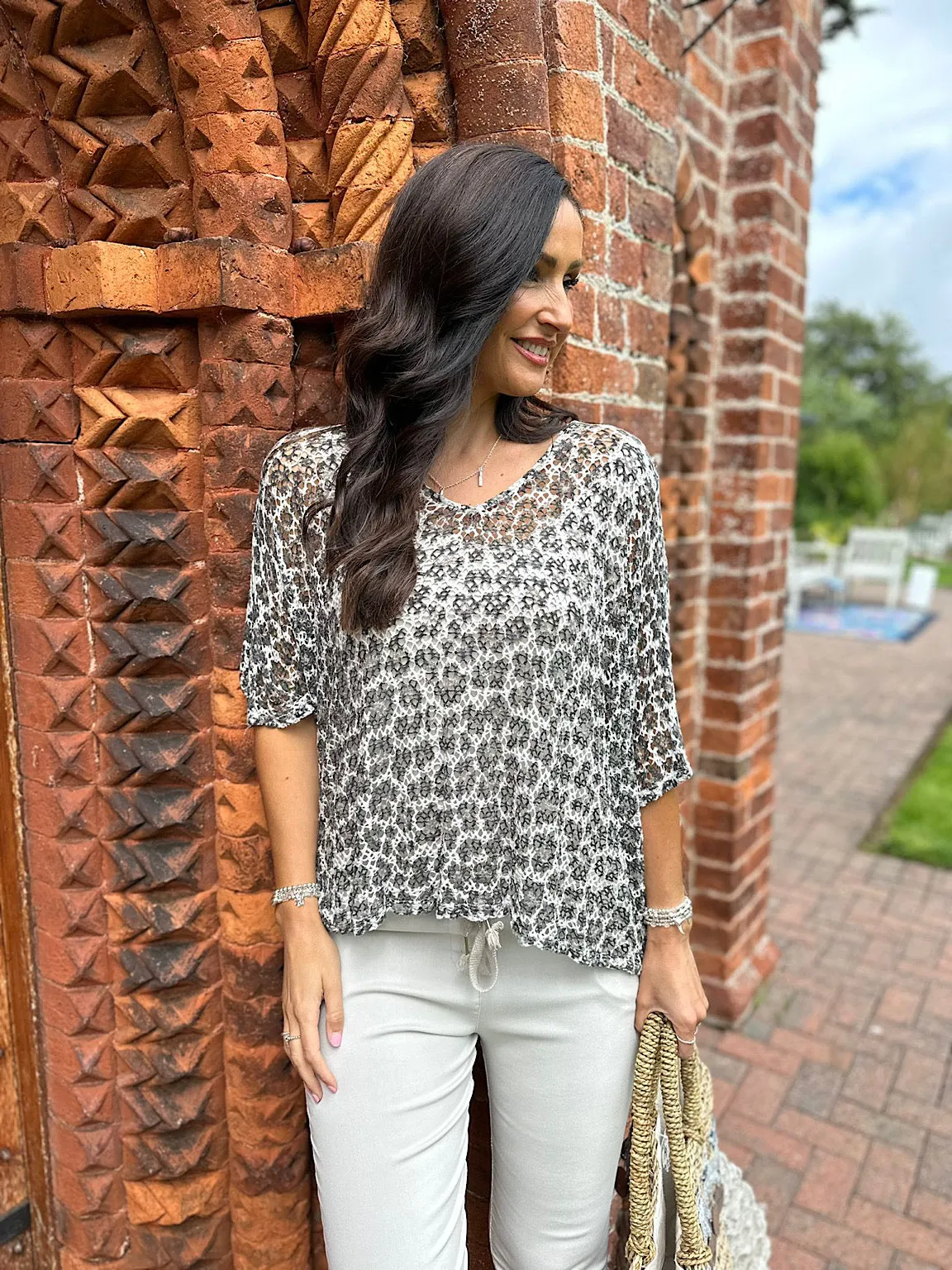 White Multi Hole Leopard Batwing Top Josie