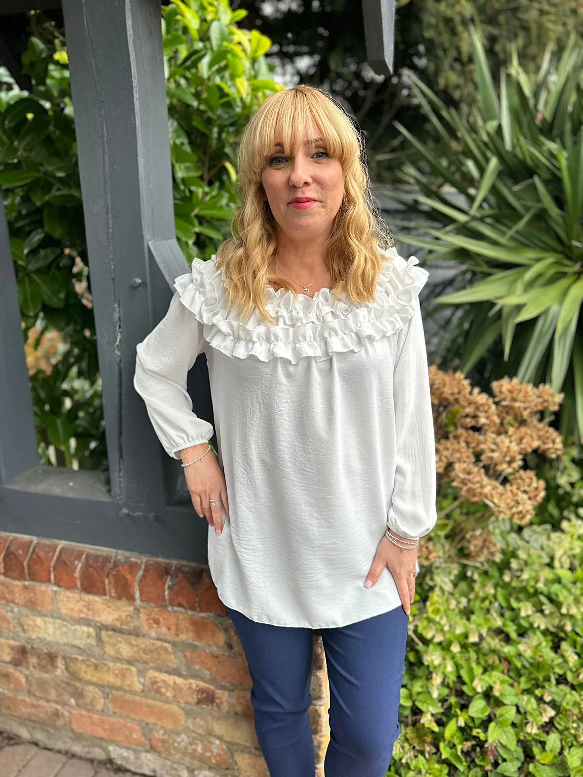 White Ruffle Bardot Top Heidi