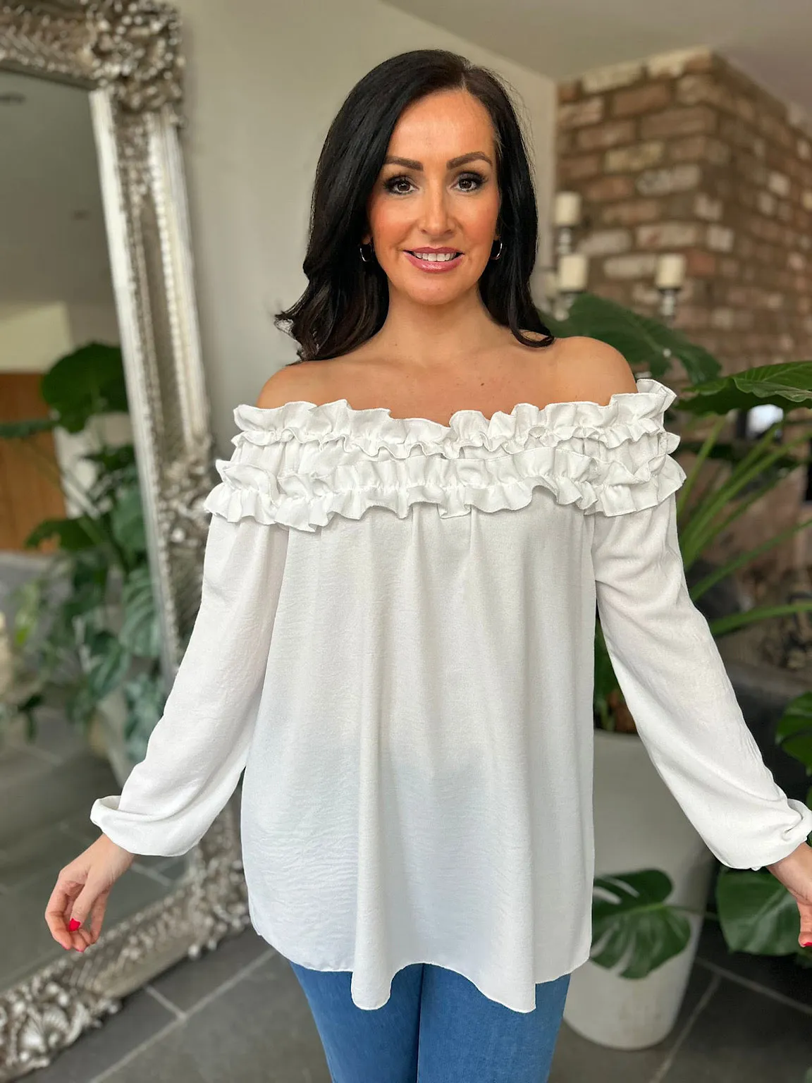 White Ruffle Bardot Top Heidi