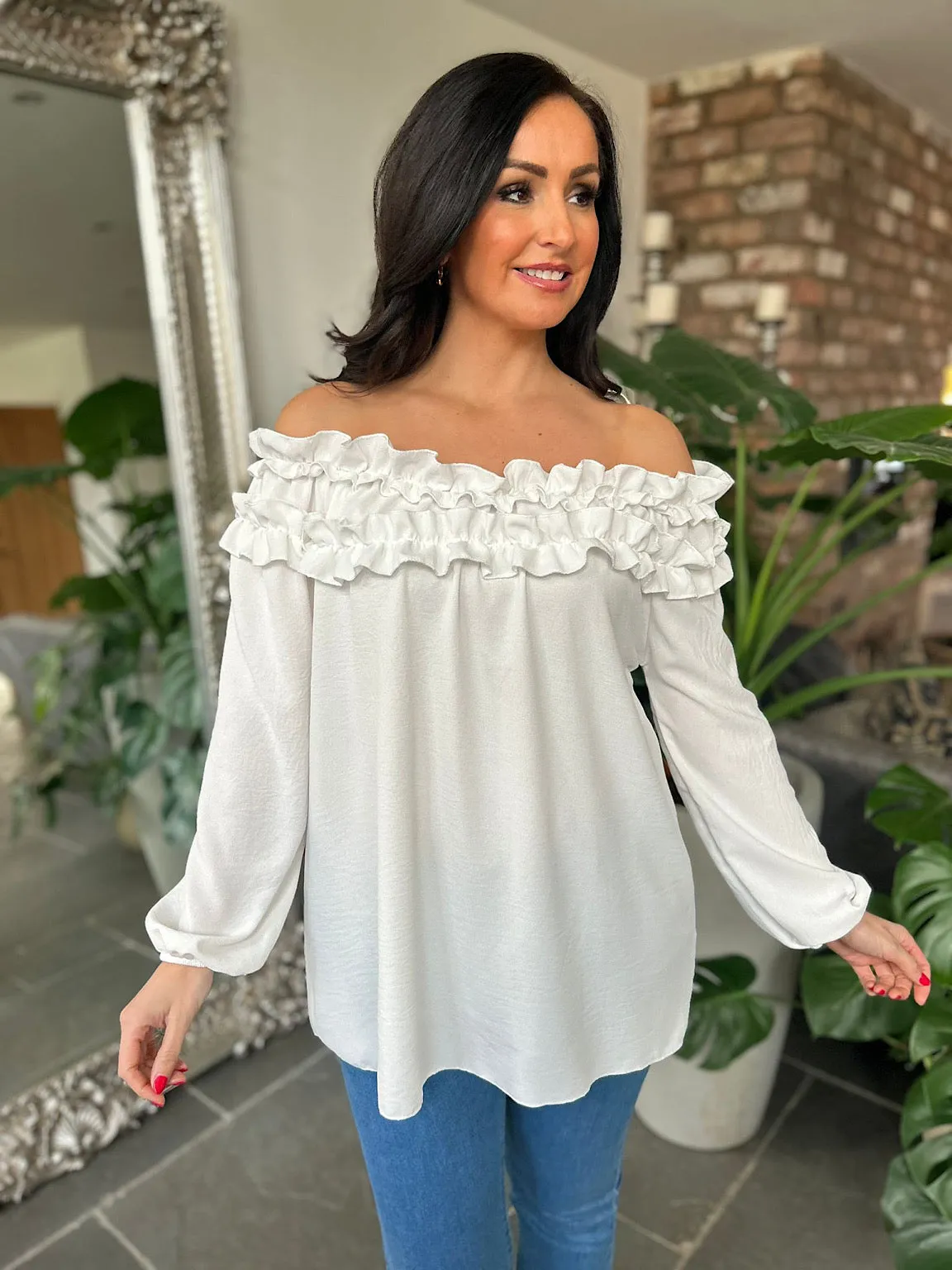 White Ruffle Bardot Top Heidi