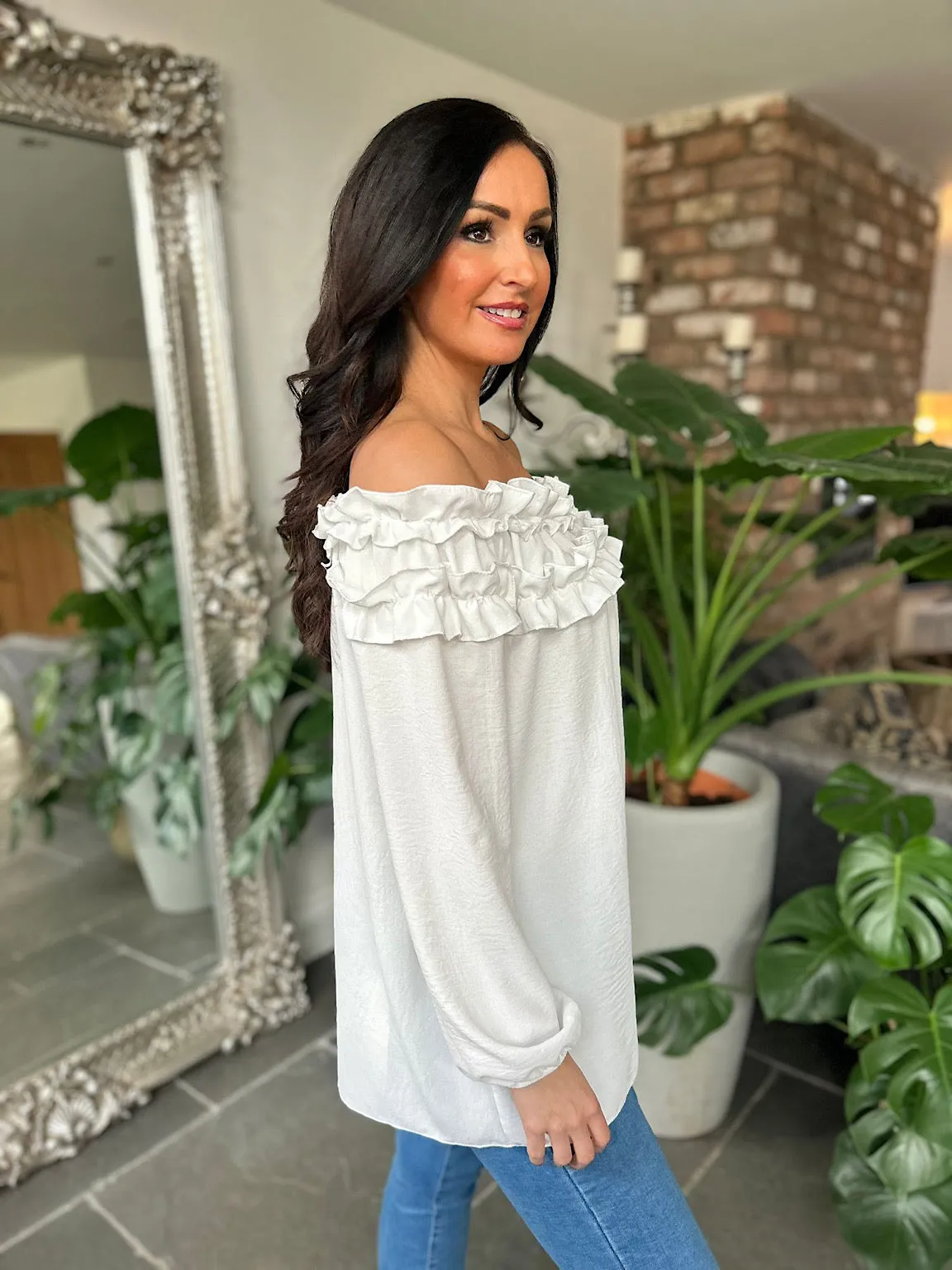 White Ruffle Bardot Top Heidi