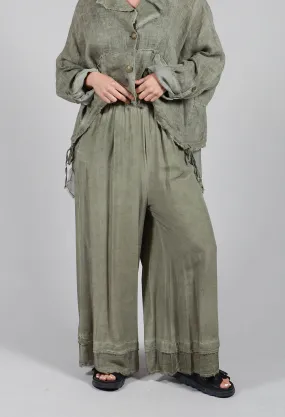 Wide Leg Trousers in Viscosa Tinto Marmorizzato Olive