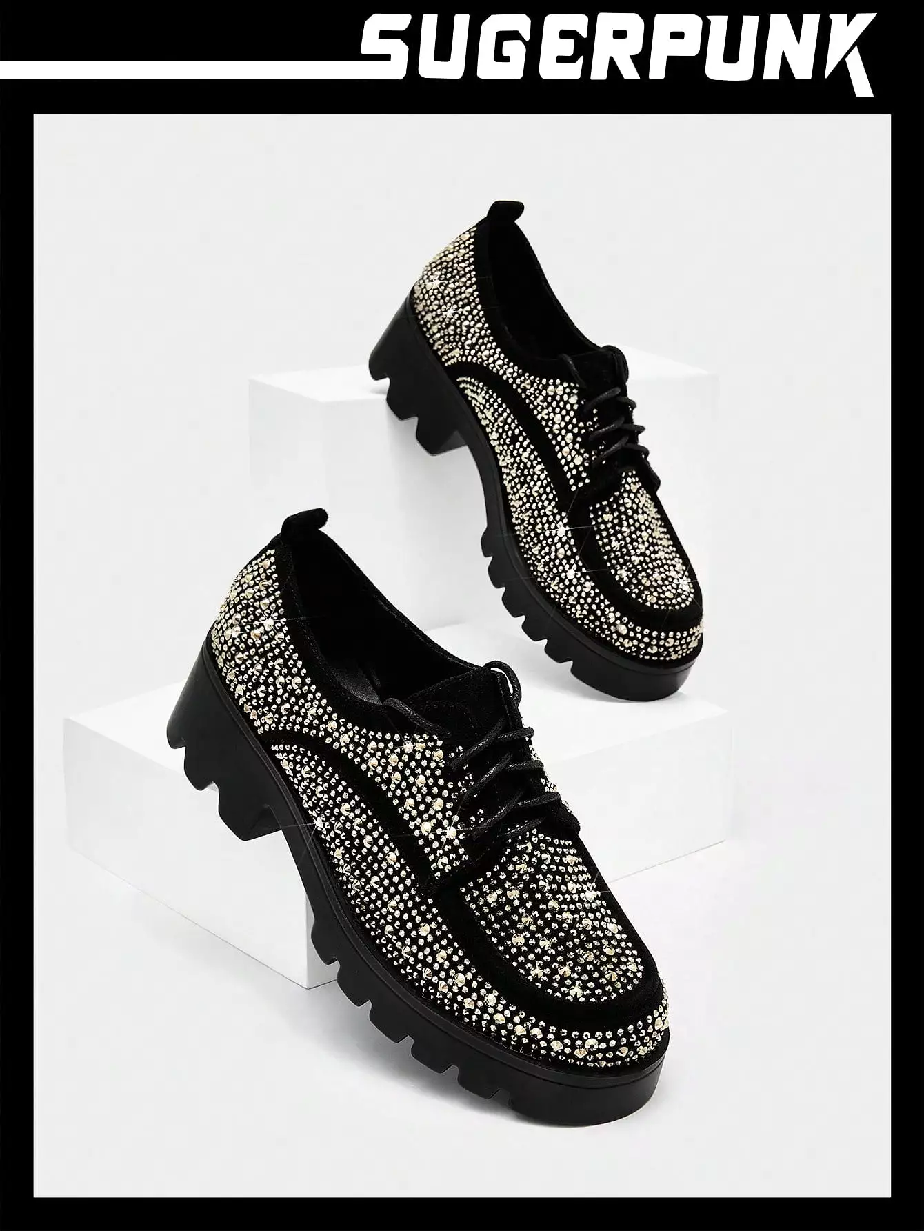 Women Faux Suede Rhinestone Decor Lace-Up Front Wedge Shoes, Glamorous Outdoor Platform Oxford Shoes Valentines Day