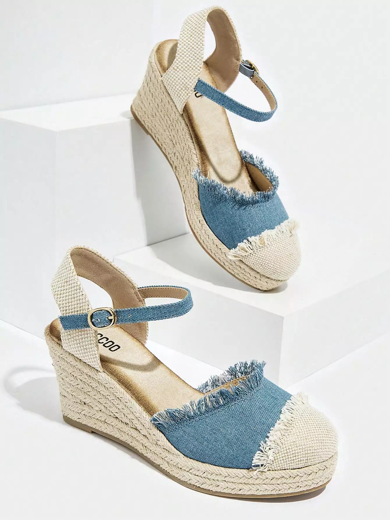 Women Raw Trim Ankle Strap Court Wedges, Vacation Canvas Shoes