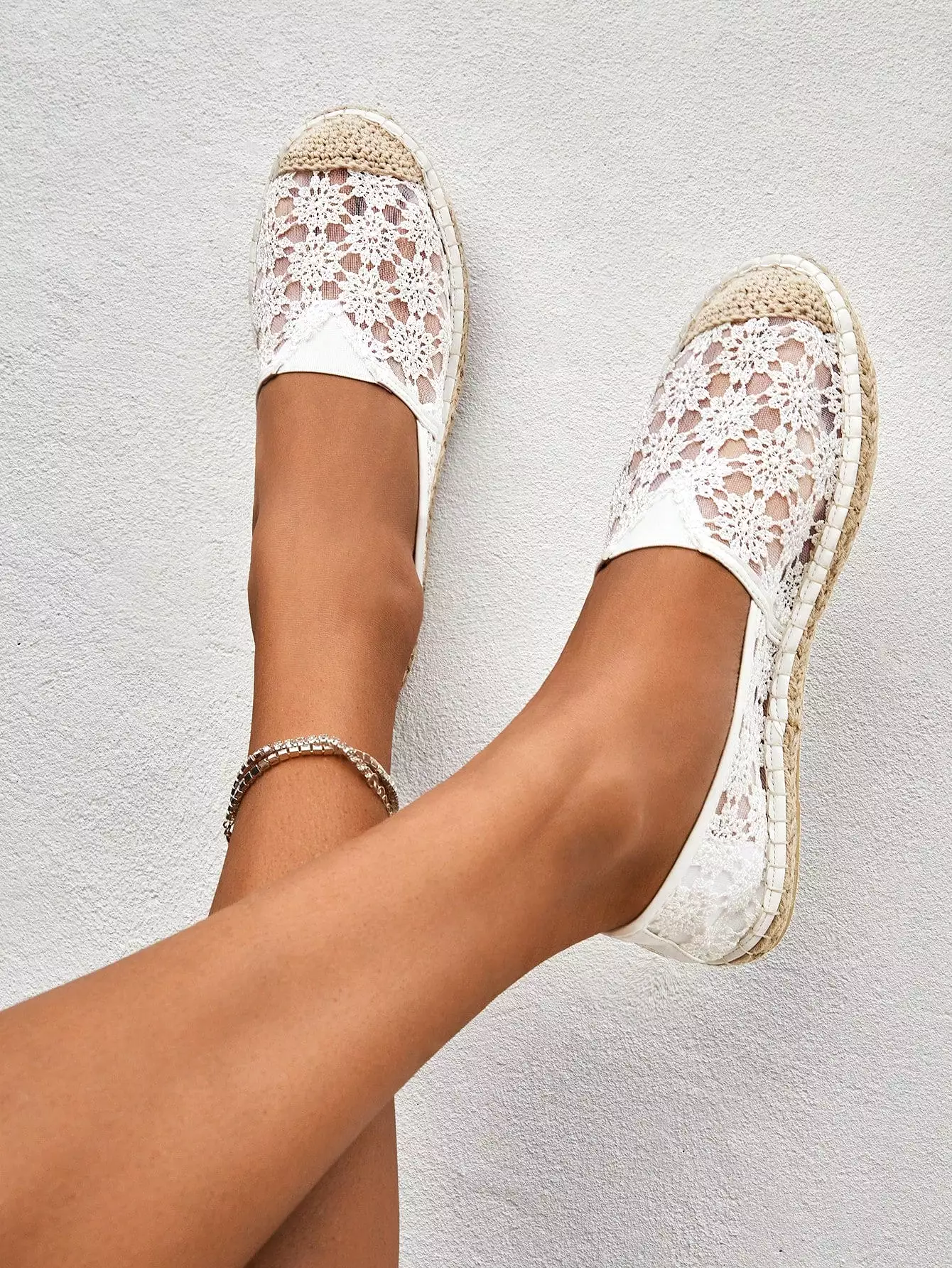 Women Shoes Lace Panel Slip On Espadrille Lightweight Vacation White Outdoor Flats