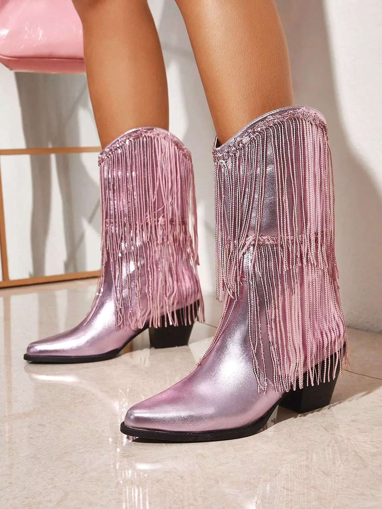 Women Shoes Ladies' Gorgeous & Fashionable Casual Western Boots With Tassel Decoration & Chunky Heel, Metallic Finish Valentines