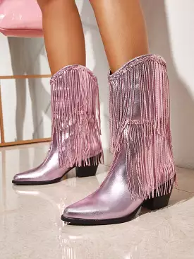 Women Shoes Ladies' Gorgeous & Fashionable Casual Western Boots With Tassel Decoration & Chunky Heel, Metallic Finish Valentines