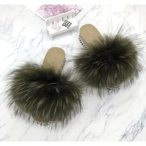 Women's Army Green Summer Real Fur Rivets Platform House Slippers