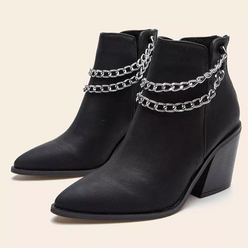 Women's Chain Zipper Back Chunky Heel Boots