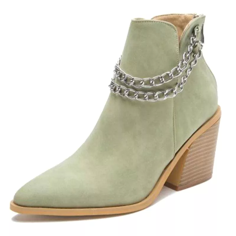 Women's Chain Zipper Back Chunky Heel Boots