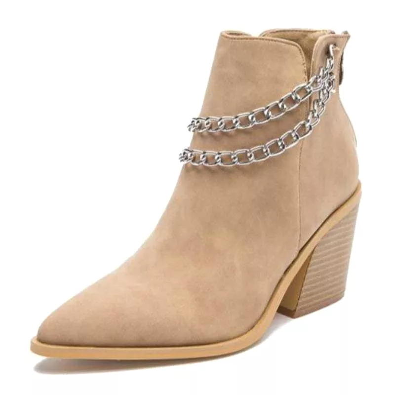 Women's Chain Zipper Back Chunky Heel Boots