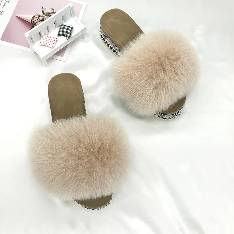 Women's Cream Color Real Fur Fluffy Rivets Platform House Slippers