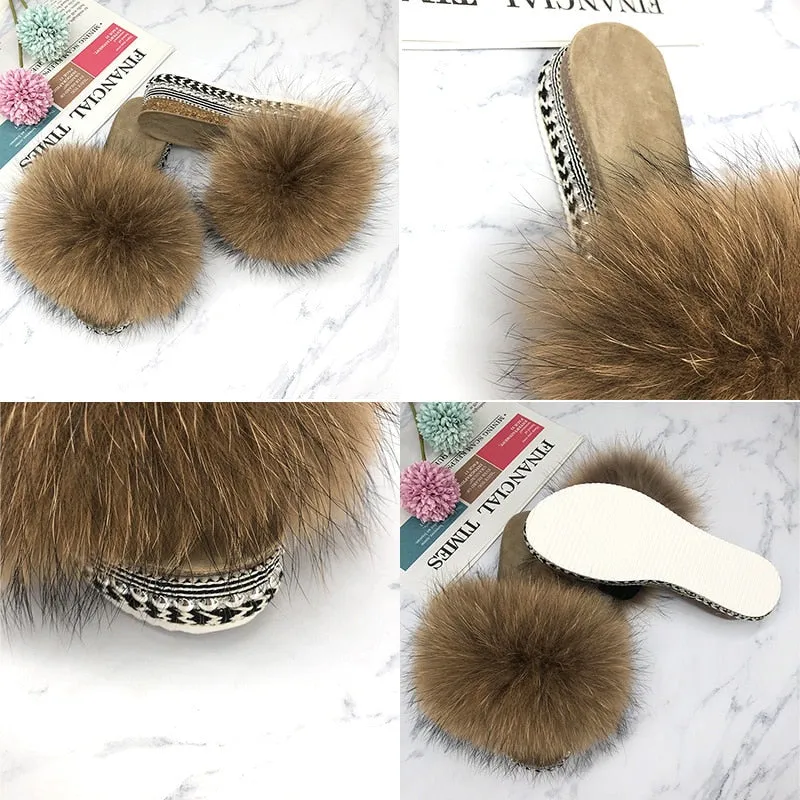 Women's Cream Color Real Fur Fluffy Rivets Platform House Slippers