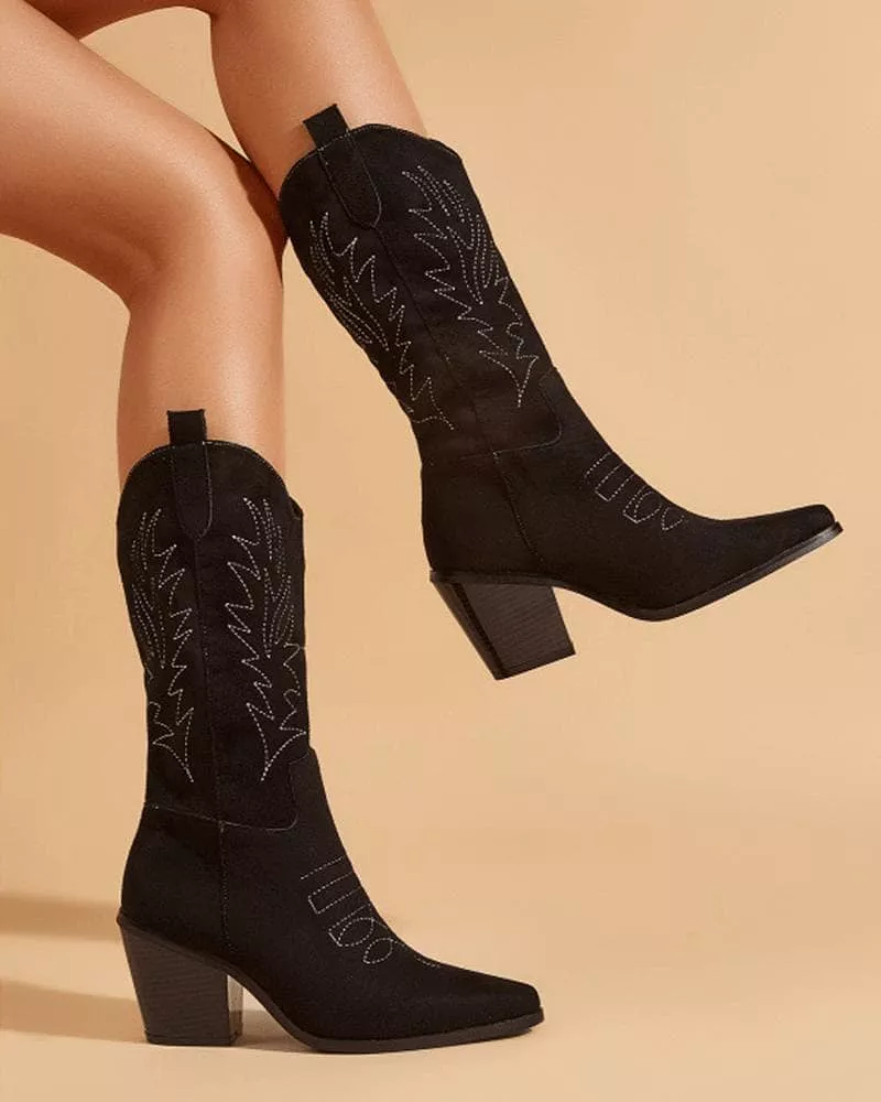 Women's Elegant Embroidery Chunky Heel Boots