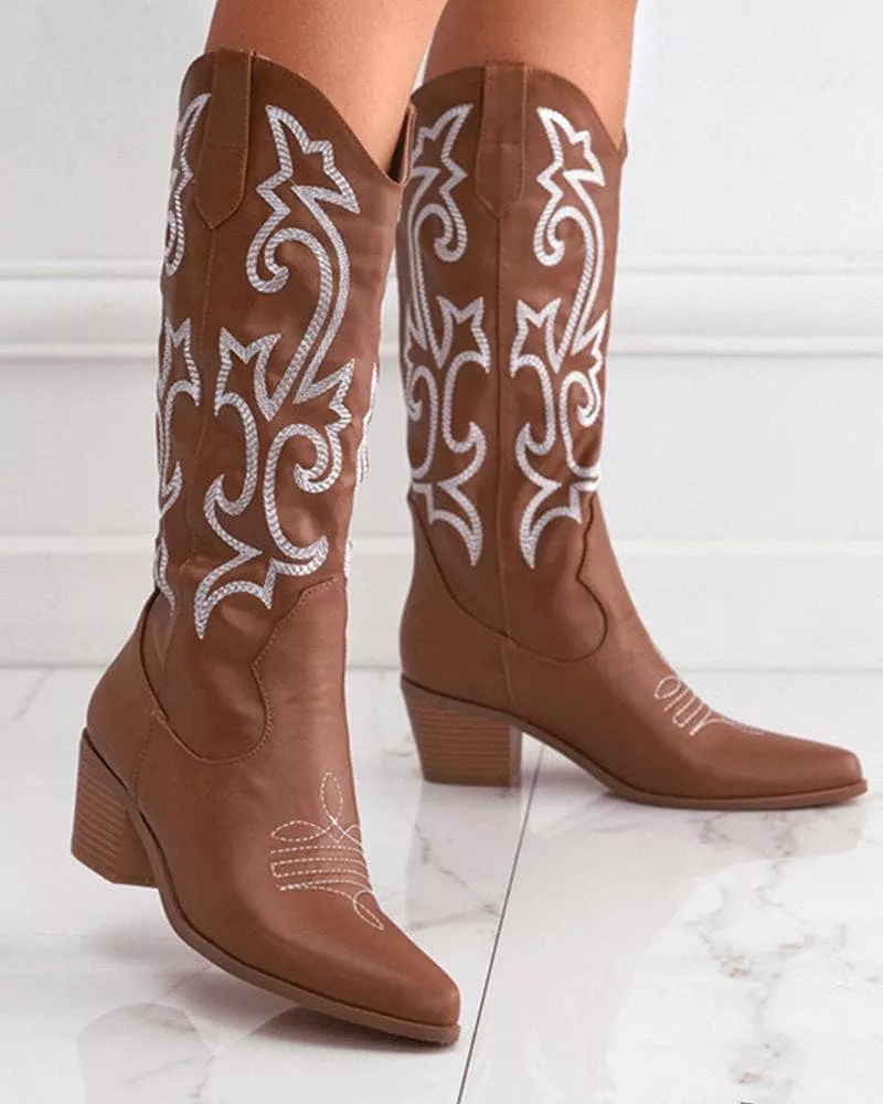 Women's Embroidery Chunky Cowboy Boots