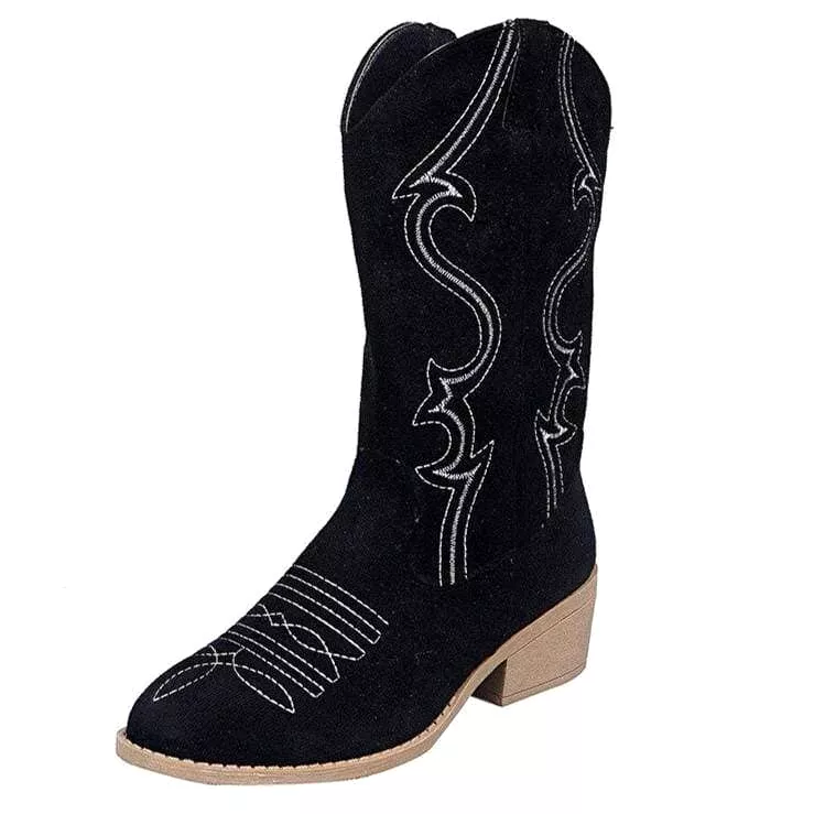 Women's Embroidery Mid Calf Chunky Heel Western Cowboy Boots