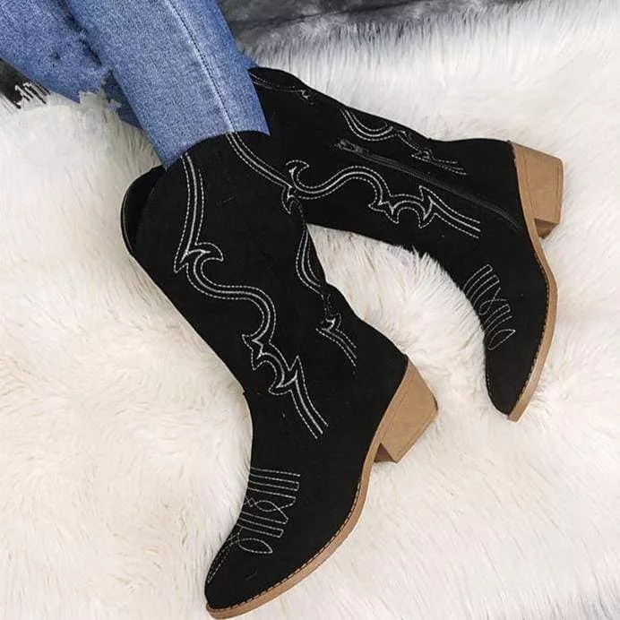 Women's Embroidery Mid Calf Chunky Heel Western Cowboy Boots