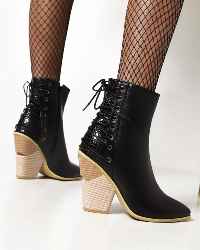 Women's Fashion Color-Blocking Zipper Chunky Heel Boots