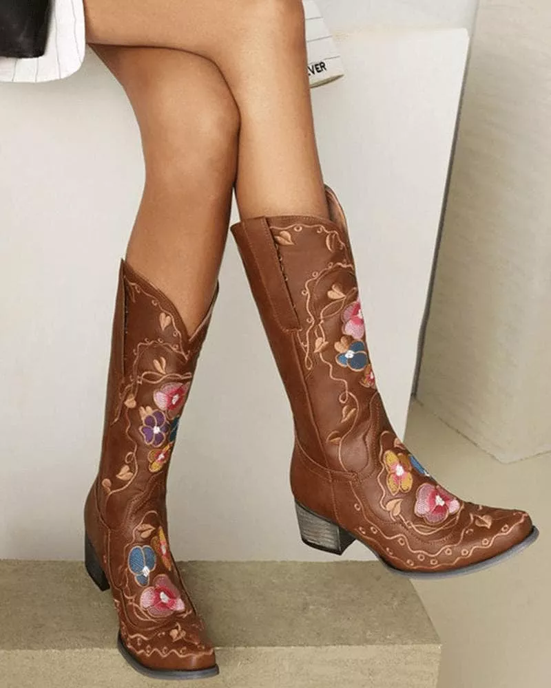 Women's Fashion Embroidery Chunky Heel Cowboy Boots