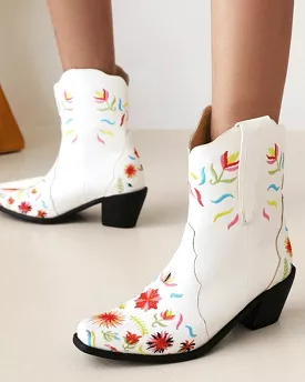 Women's Fashion Floral Embroidery Chunky Heel Cowboy Boots